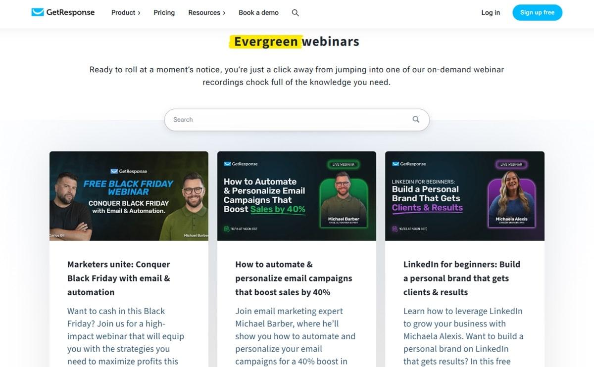 GetResponse webinar library page showing on-demand educational content and lead generation strategy through valuable webinar resources